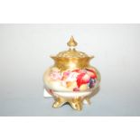 A Royal Worcester porcelain pot pourri jar and cover, decorated with fruit and flowers by Blake,