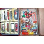 A single box of various cased Models of Yesteryear diecast vehicles together with a leather travel