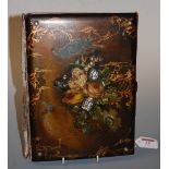 A Victorian papier-mâché painted and mother of pearl inlaid folio, (broken to hinge)
