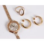 A lady's 9ct cased wristwatch with a 9ct gatelink style bracelet strap, (17g), a pair of 9ct