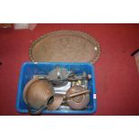 A single box of various metalware to include Victorian copper range kettle, brass and iron