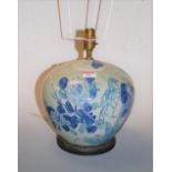 A large table lamp base underglazed blue decorated with bird amongst foliage, height 22cm
