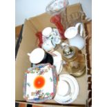 A single box of various china and glassware to include cranberry glass, Crown Devon cup and