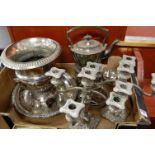 A box of miscellaneous silver plated wares, to include an Edwardian wine cooler of campagna shape