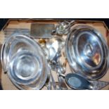 A box of miscellaneous silver plated wares to include entree dishes, swing handled basket, loose