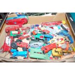 A single box of various loose playworn diecast vehicles to include Chipperfields Circus, Corgi,