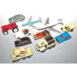 Three small boxes of various toys to include diecast vehicles, Lintoy Boeing 747, various action