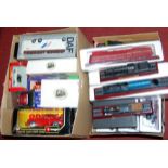 Two boxes of various cased diecast vehicles and model trains
