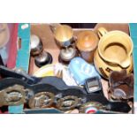 A single box of various china and sundries to include Wedgwood jasper ware, silver plated trophy