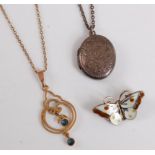 An Edwardian style 9ct sapphire pendant on gold plated chain, together with a silver oval locket and