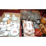 Three boxes of various china and glassware to include Hornsea Bronte pattern set of three