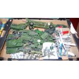 A single box of loose playworn diecast military vehicles and planes to include Dinky and Corgi