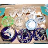 A box of miscellaneous glassware to include boxed Swarovski crystal ornament, a Bohemian blue