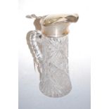 A cut glass claret jug, having silver collar and hinged cover, maker D&B, Birmingham 1946, h.28.5cm