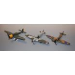 Three Dinky Toys diecast models of aeroplanes, comprising; Hawker Hurricane MkII C, Spitfire MkII,