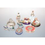 Mixed lot to include glass paperweights, Royal Crown Derby frog, desk weight, Indian enamel elephant