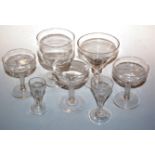 Assorted vintage glassware, to include three hollow stem champagne boats, a pedestal rummer, small
