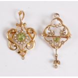 Two 9ct peridot and seed pearl pendant/brooches, each stamped 9ct to reverse, (6g gross), (2)