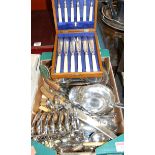 A box of miscellaneous silver plate, to include six division toast rack, sauceboats, loose