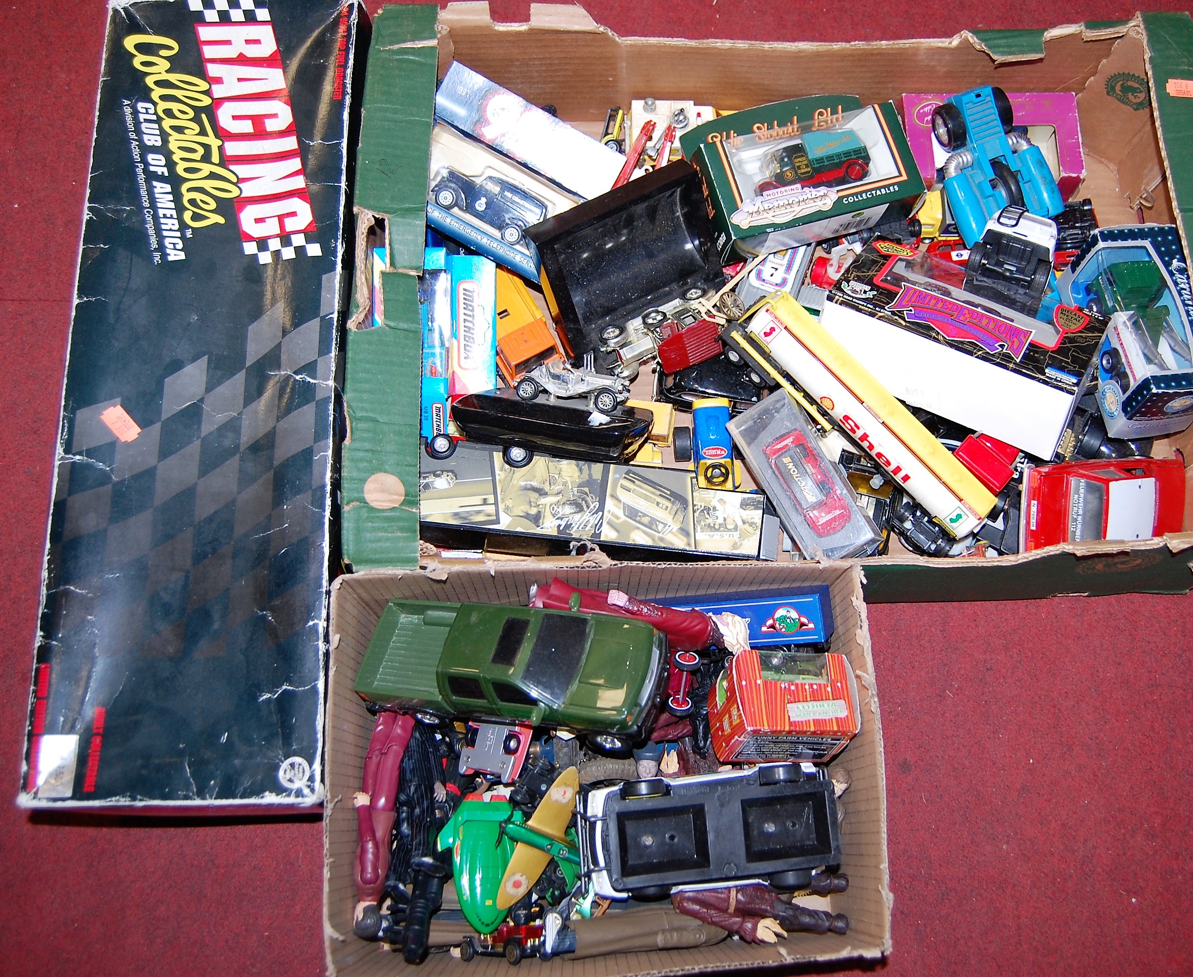 Two boxes of cased and loose diecast and other vehicles to include NHRA Winston Drag Racing