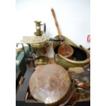A collection of various metalwares to include a brass samovar, iron and brass footman, copper