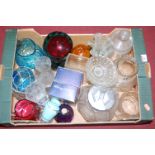 A single box of various glassware to include biscuit barrel, coloured glass buoys, green glass