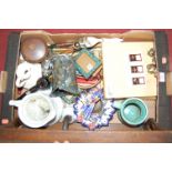 A single box of miscellaneous items to include inlaid oak tray, Studio pottery vase, various