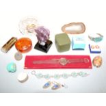 A small collection of miscellaneous items to include white metal and turquoise set bracelet, pair of