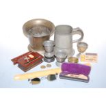A collection of miscellaneous items, to include Chesterman's Patent tape measure, bronze mortar,