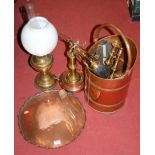 A large collection of miscellaneous metalwares to include late 19th century copper coal scuttle,