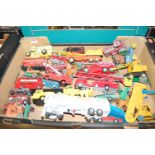 A single box of loose playworn diecast vehicles to include Dinky Toys, Esso tanker, Chipperfields