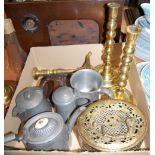 A box of miscellaneous metalwares to include eastern brass handwarmer, pair of turned brass