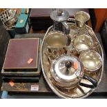 An oak cased canteen of silver plated cutlery; together with a silver plated galleried tray; and