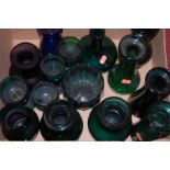 A box of miscellaneous glassware to include green glass onion shaped vase, various goblets etc