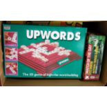 A single box of various board games to include Upwords, The Simpsons Chess Set, Scalextric, The