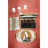 A box of miscellaneous items, to include silver plated tray, candelabra, mirrored copper twin