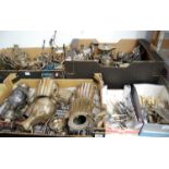Five boxes of various silver plated wares to include flatware, coffee and tea pots, toast racks,