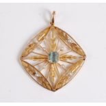 A 15ct aquamarine and seed pearl pendant, the central square emerald cut aquamarine, approx. 5.5mm
