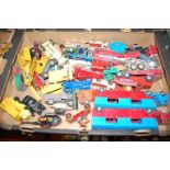 A single box of loose playworn diecast vehicles to include Chipperfields Circus Corgi toys,