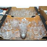 Three boxes of various glassware to include pressed and cut glass, sherry glasses, ashtrays,