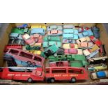 A single box of various playworn diecast vehicles to include Dinky Autoservice Car Transporter,