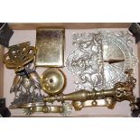 A box of miscellaneous brassware to include table cigarette box, sundial, trivet etc