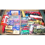 A single box of loose and boxed diecast vehicles to include Corgi, Matchbox, etc