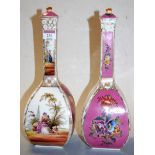 A pair of late 19th century Dresden porcelain bottle vases and covers, decorated in bright enamels