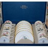 A boxed set of six Royal Worcester coffee cans and saucers, having printed mark verso and numbered
