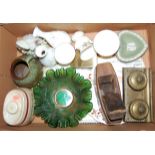 A box of miscellaneous items, to include carnival glass bowl, Royal Victoria Wade spirit barrel,
