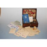 A 19th century mahogany and brass inlaid box and contents, to include Britain's first decimal coins,