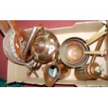 A small collection of miscellaneous items to include copper range kettle, oak bellows, graduated set