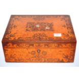 A Victorian rosewood amboyna and mother of pearl inlaid work box having a silk lined fitted