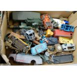 A single box of various playworn diecast vehicles to include military Lonestar, Dinky, Spot-On etc